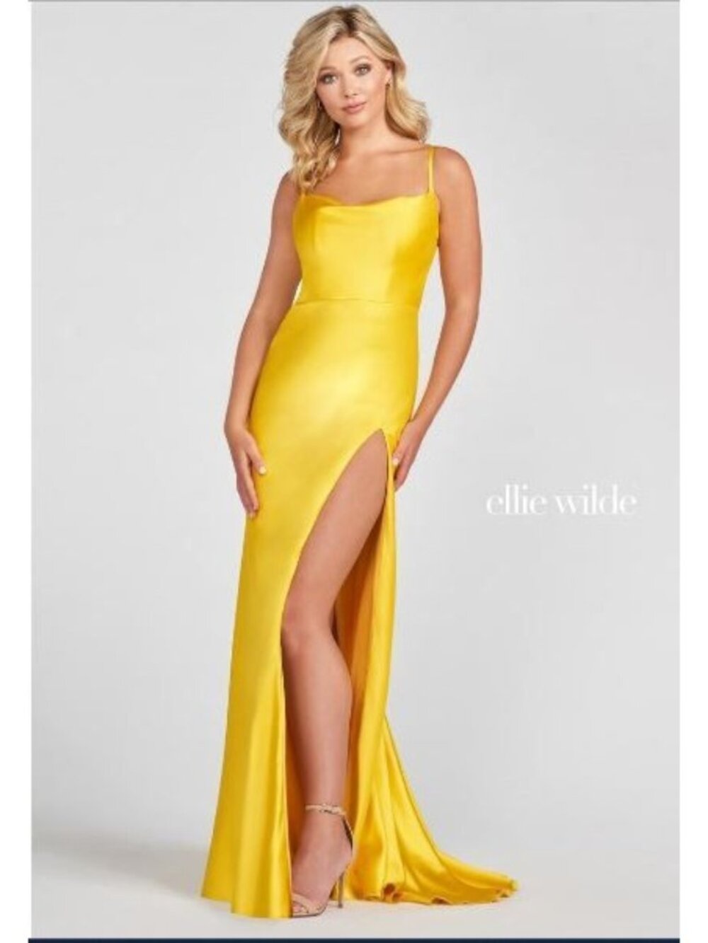 NWT Ellie Wilde Mon Cheri Sunflower Yellow Satin Long Prom Dress Size 16 1751